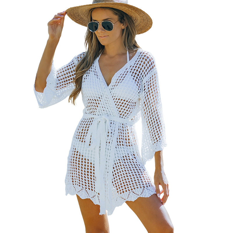 Women's New Knitted Crochet Cutout Tie Beach Blouse