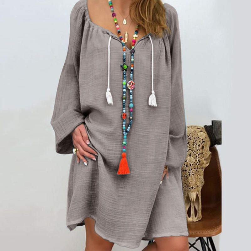 Cotton Linen Neckline Loose-Fitting Dress