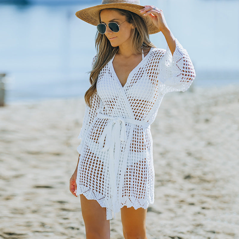 Women's New Knitted Crochet Cutout Tie Beach Blouse