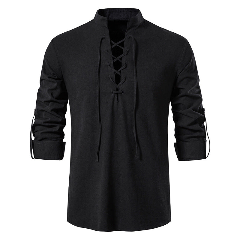 Cotton Linen Henley Long Sleeve Collar Shirt