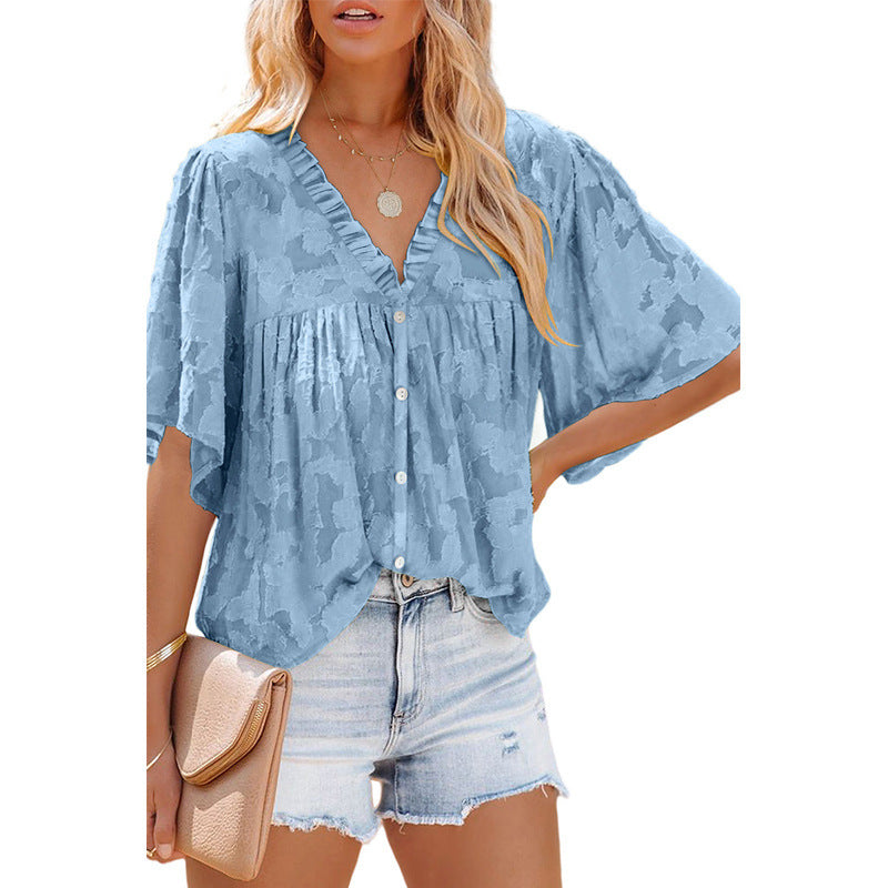 V-neck Cardigan Five-point Mid-sleeve Chiffon Shirt Print Top