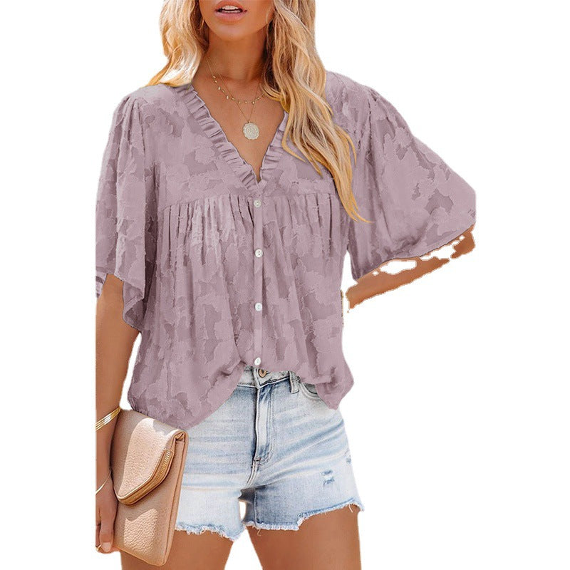 V-neck Cardigan Five-point Mid-sleeve Chiffon Shirt Print Top