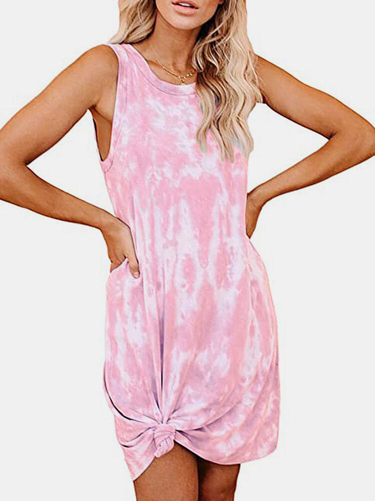 Women's Tie-Dye Print Swimsuit Beach Cover Ups Sleeveless Casual T Shirt Sundress Tank Dress