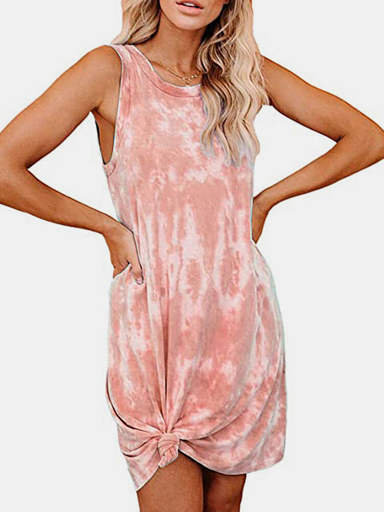 Women's Tie-Dye Print Swimsuit Beach Cover Ups Sleeveless Casual T Shirt Sundress Tank Dress