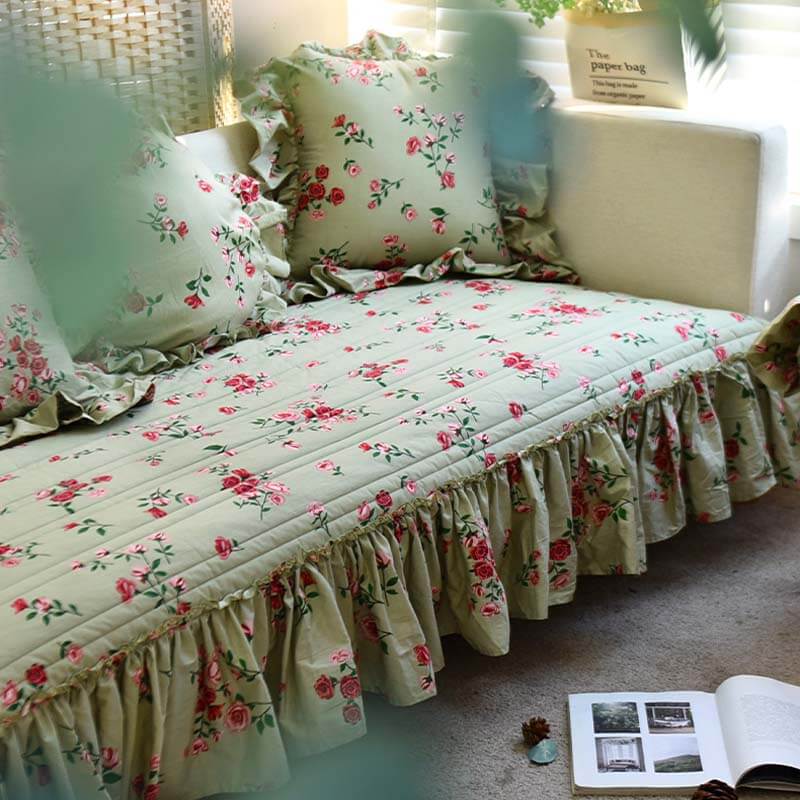 Rose Pattern Cotton Couch Cover With Skirt All Season Couch Cover