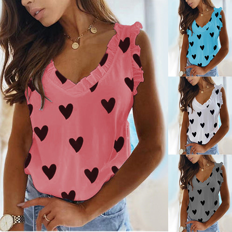 Heart V-Neck Ruffled Pleated T-Shirt