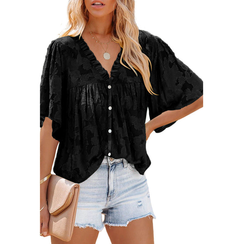 V-neck Cardigan Five-point Mid-sleeve Chiffon Shirt Print Top