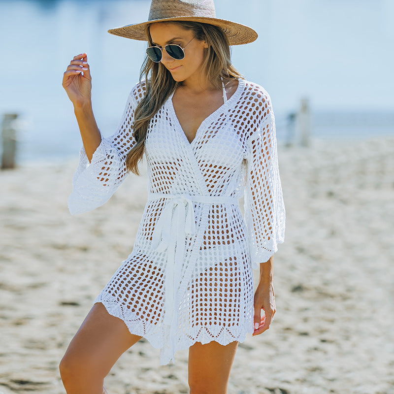 Women's New Knitted Crochet Cutout Tie Beach Blouse