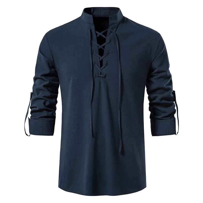 Cotton Linen Henley Long Sleeve Collar Shirt